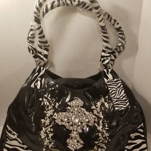 BLING ZEBRA BLACK & WHITE CROSS LG PURSE